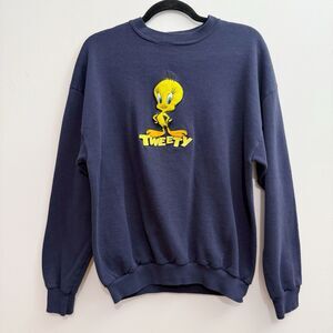 Vintage Looney Tunes Tweety Bird Patch Navy Blue Crewneck Sweater Unisex Medium